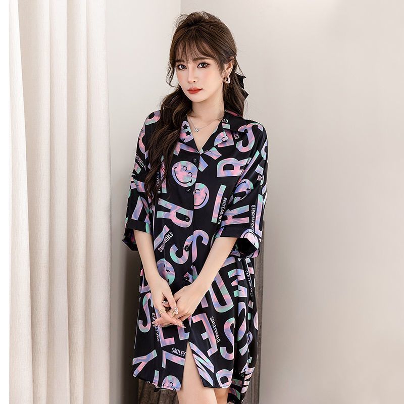 Summer ice silk nightdress women's short-sleeved thin section high-end fashion silk summer loose shirt pajamas mid-length home service