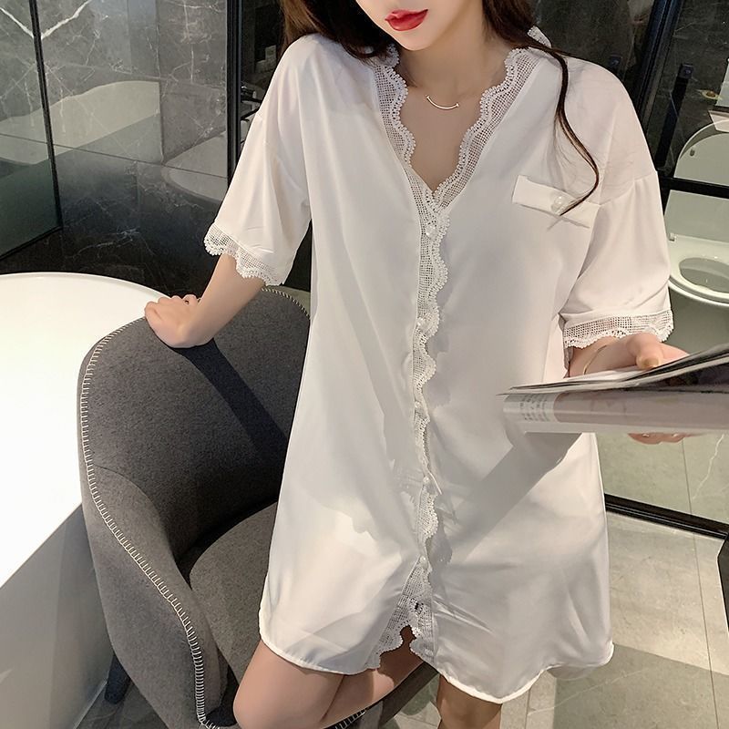 Summer ice silk nightdress women's thin section high-end luxury lace lace summer fashion loose pajamas home service long section