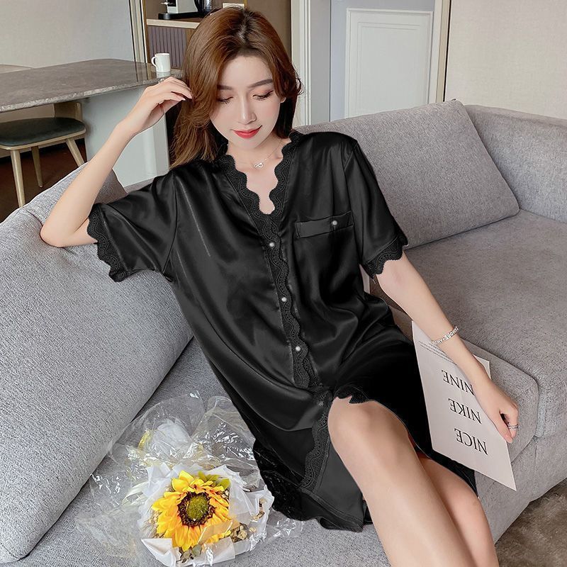 Summer ice silk nightdress women's thin section high-end luxury lace lace summer fashion loose pajamas home service long section
