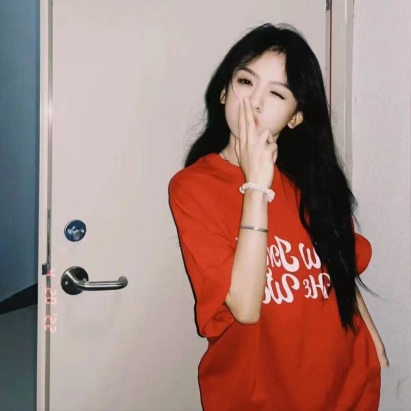 100%純棉oversize美式復古紅色短袖t恤女寬鬆夏季學生半袖上衣顯