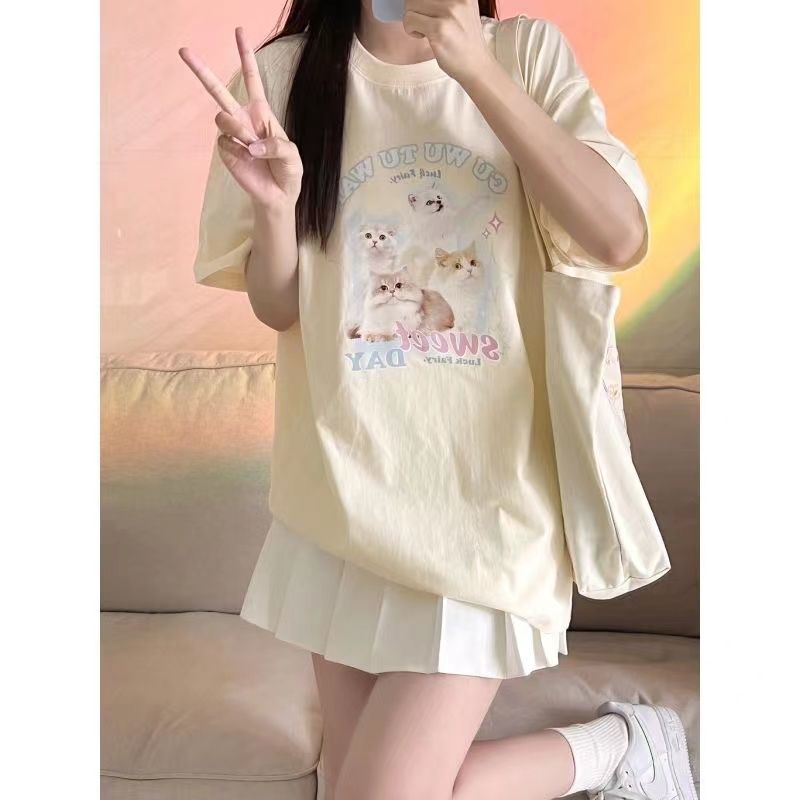 100%純棉ins鹽系字母小貓印花短袖t恤女學生夏季新款學院風上衣服