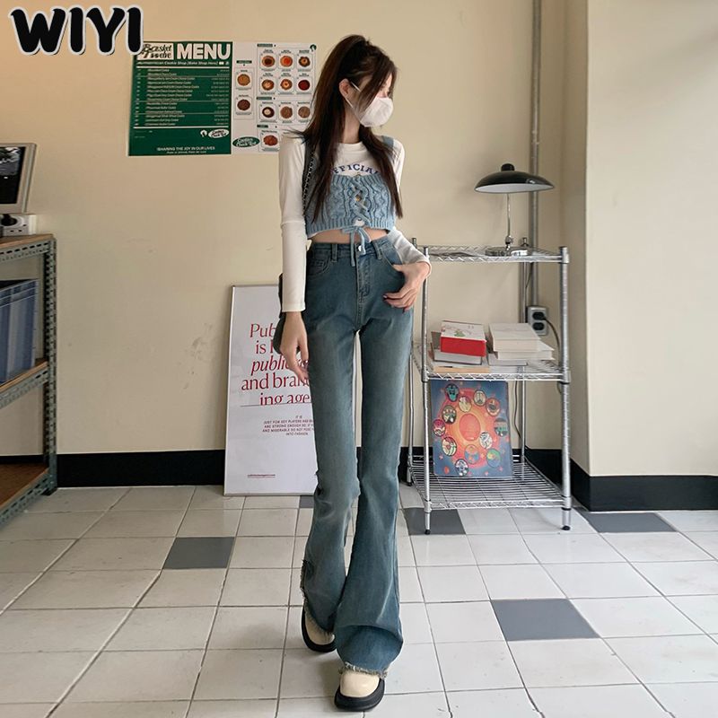 WIYI 復古做舊微喇牛仔褲女2023春夏新款小個子高腰顯瘦拖地褲子