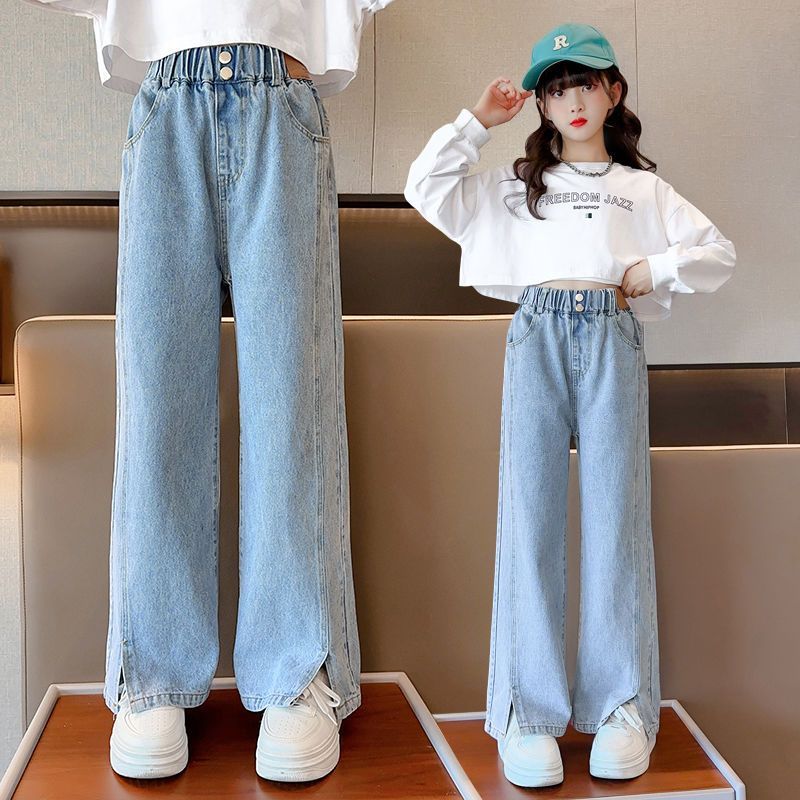 女童牛仔褲春秋2023新款洋氣大童休閒春裝闊腿褲女孩春季兒童褲子