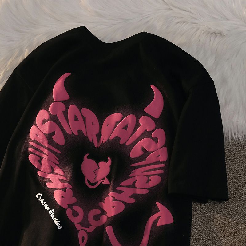 美式復古惡魔愛心100%純棉短袖t恤男女款情侶圓領寬鬆顯瘦體恤衫