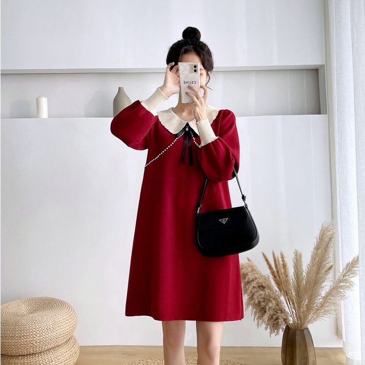 Lapel bow mid-length sweater dress fat MM extra large size 300 catties spring and autumn loose belly-covering thin dress