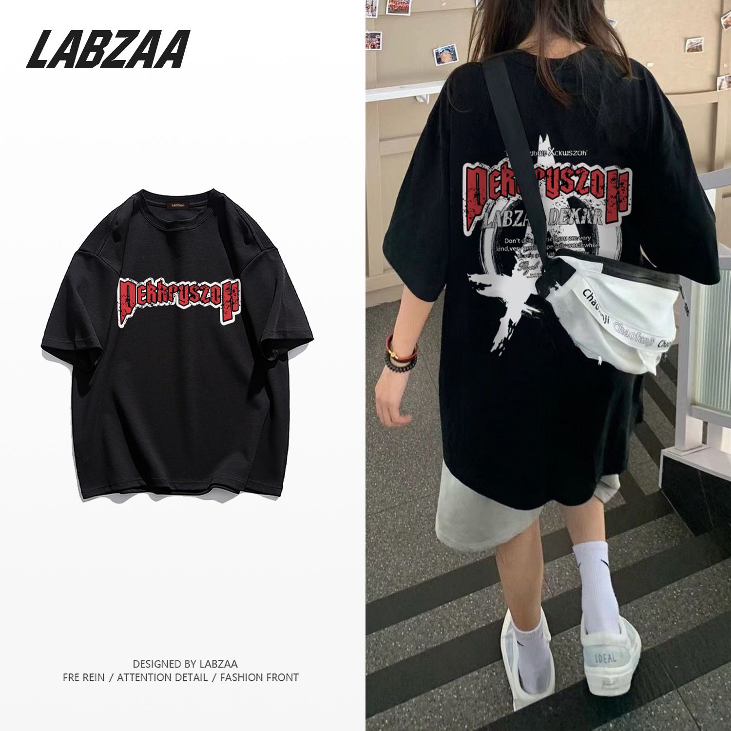 LABZAA cotton hip-hop street letter printing short-sleeved T-shirt women's summer loose couple casual tops ins tide