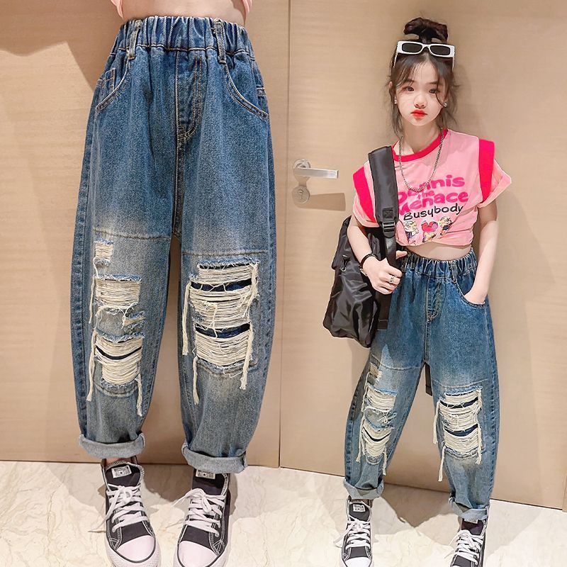 女童牛仔褲春秋款洋氣大童時髦小學生破洞老爹褲女孩春季兒童褲子