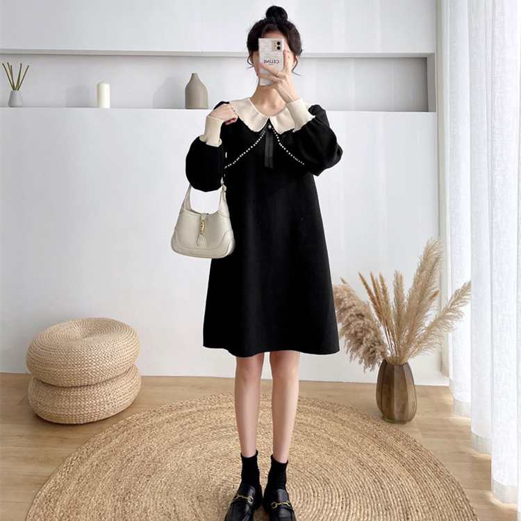 Lapel bow mid-length sweater dress fat MM extra large size 300 catties spring and autumn loose belly-covering thin dress