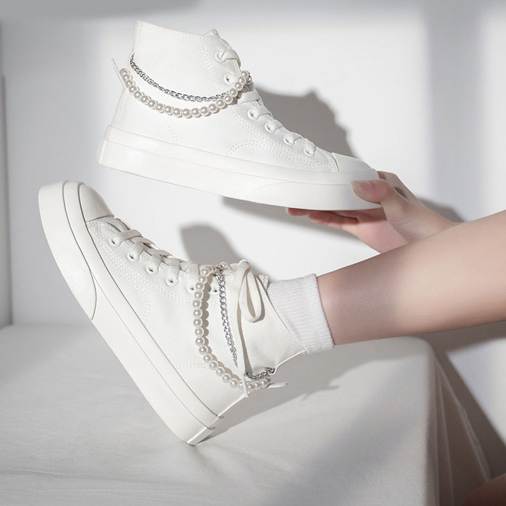 百搭高帮帆布鞋原创设计珍珠链条少女复古甜美秋季新款小白鞋