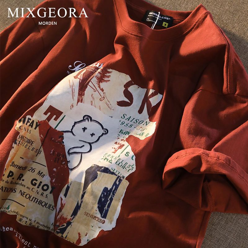 MIXGEORA美式高街夏季全棉短袖t恤情侶款寬鬆百搭設計感半袖衣服