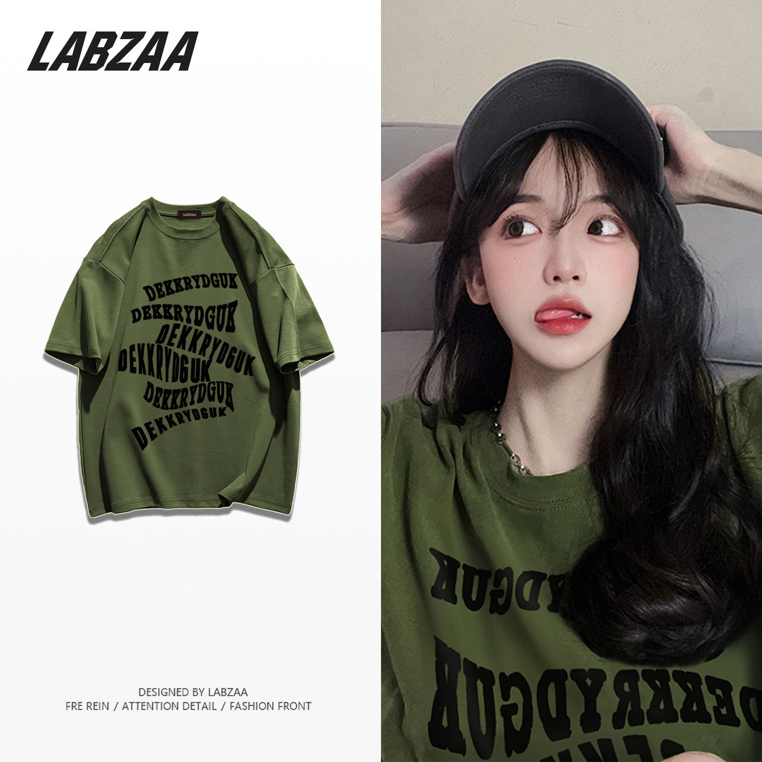 LABZAA cotton summer high street creative letter printing short-sleeved T-shirt women's loose neutral wind round neck top ins