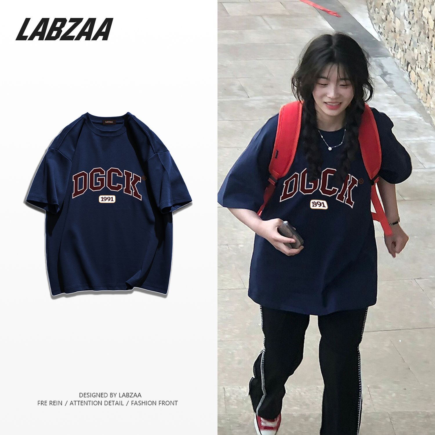LABZAA pure cotton creative simple letter printing loose bf lazy wind short-sleeved T-shirt female summer student top