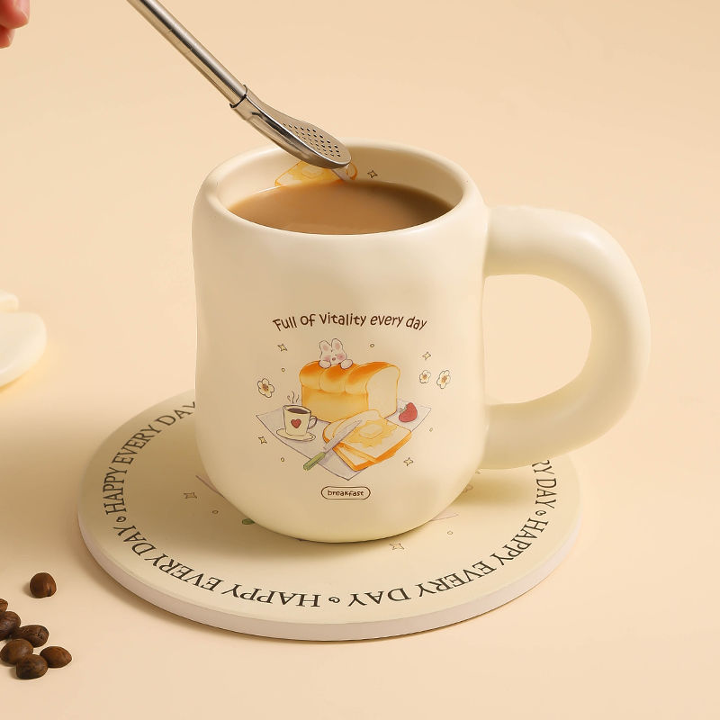 奶fufu可爱情侣马克杯带盖勺杯子女生陶瓷水杯办公室咖啡杯早餐杯