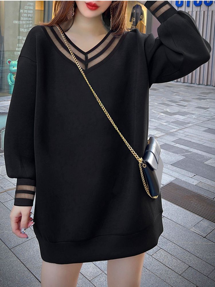 Black V-neck mesh stitching hollow sweater dress fat MM extra large size 300 catties spring and autumn loose belly-covering dress