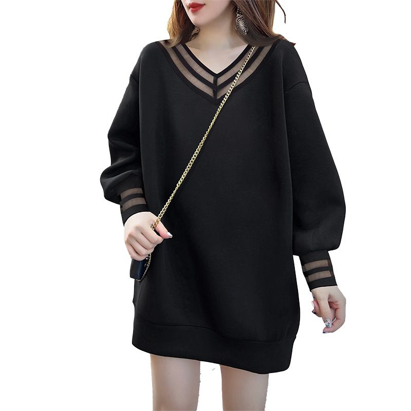 Black V-neck mesh stitching hollow sweater dress fat MM extra large size 300 catties spring and autumn loose belly-covering dress