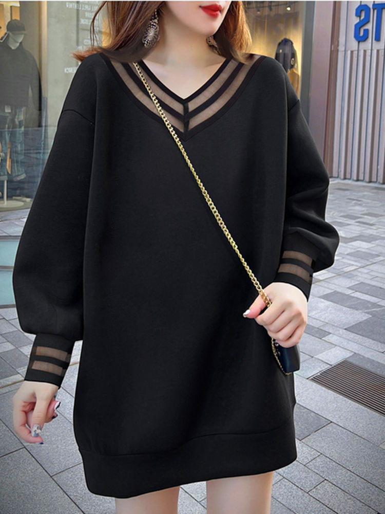 Black V-neck mesh stitching hollow sweater dress fat MM extra large size 300 catties spring and autumn loose belly-covering dress