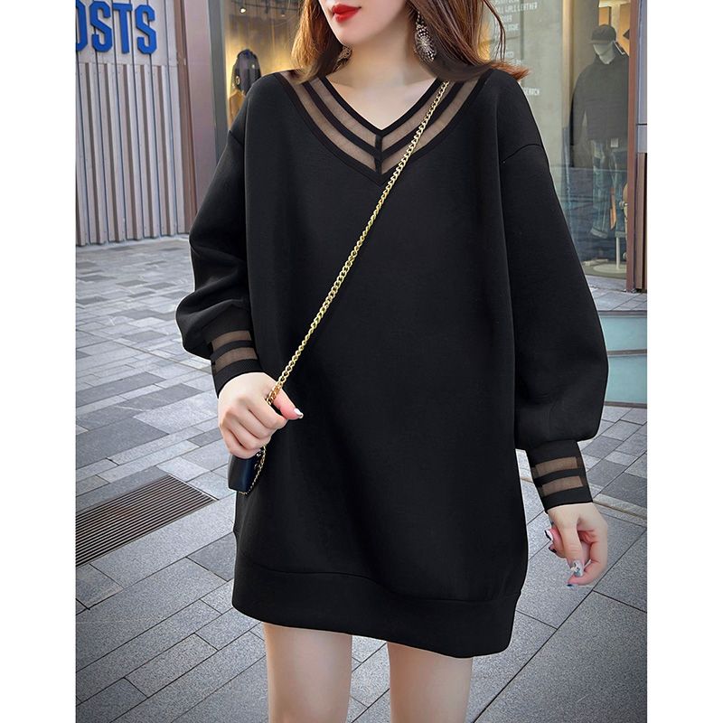 Black V-neck mesh stitching hollow sweater dress fat MM extra large size 300 catties spring and autumn loose belly-covering dress