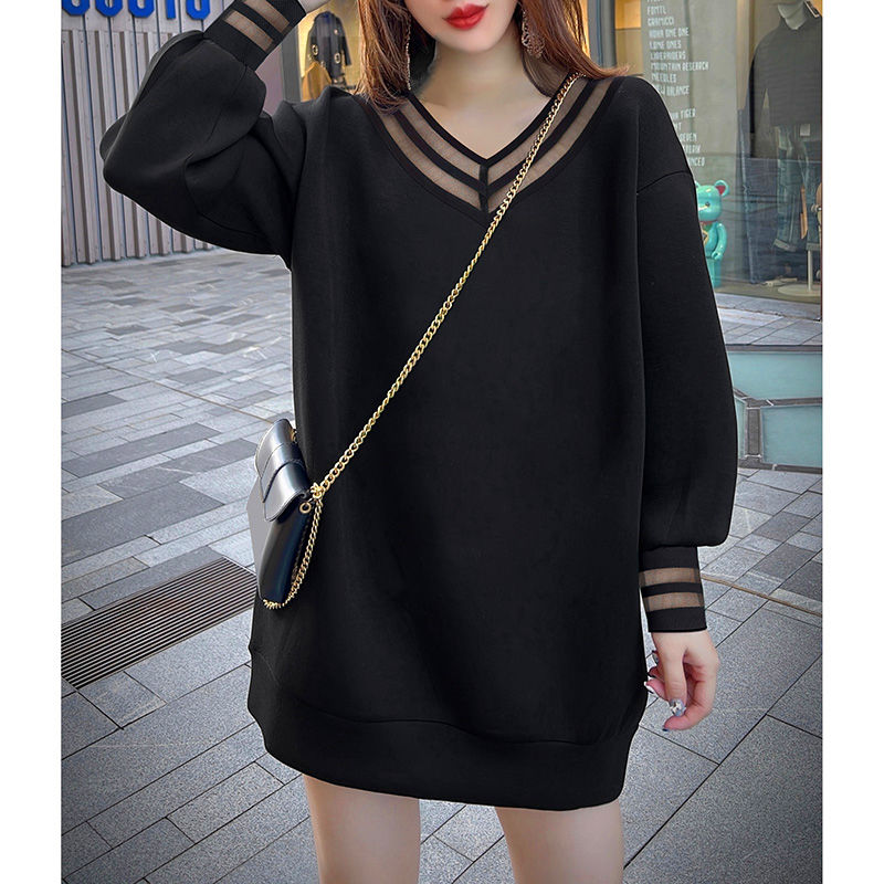 Black V-neck mesh stitching hollow sweater dress fat MM extra large size 300 catties spring and autumn loose belly-covering dress