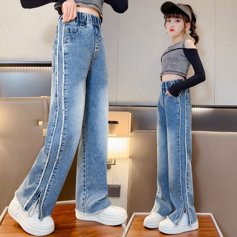女童牛仔闊腿褲春秋2023新款兒童洋氣直筒褲女大童毛邊開叉褲子潮