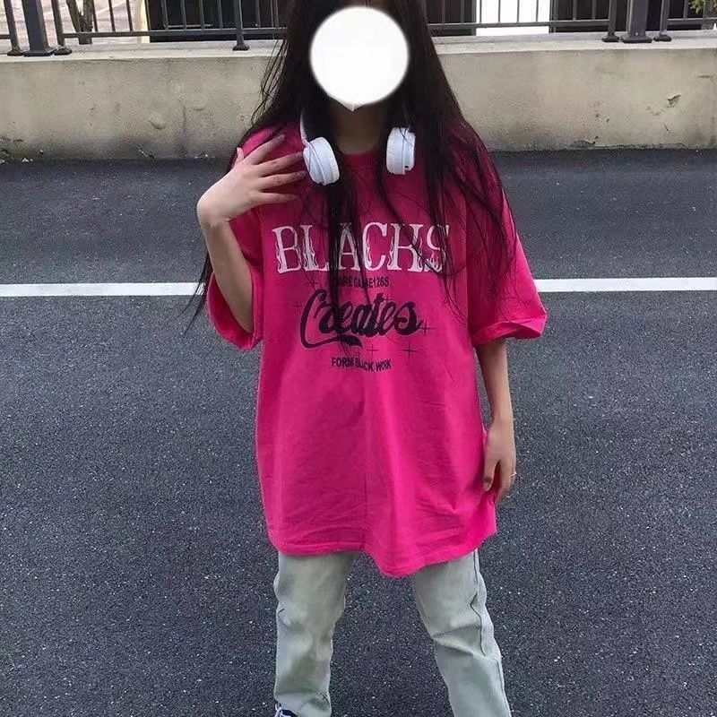 100%純棉國潮oversize夏季新款高街字母丅恤短袖女美式設計感上衣