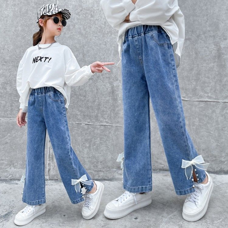 女童牛仔褲子春季2023新款兒童洋氣直筒褲春秋中大童闊腿褲小學生