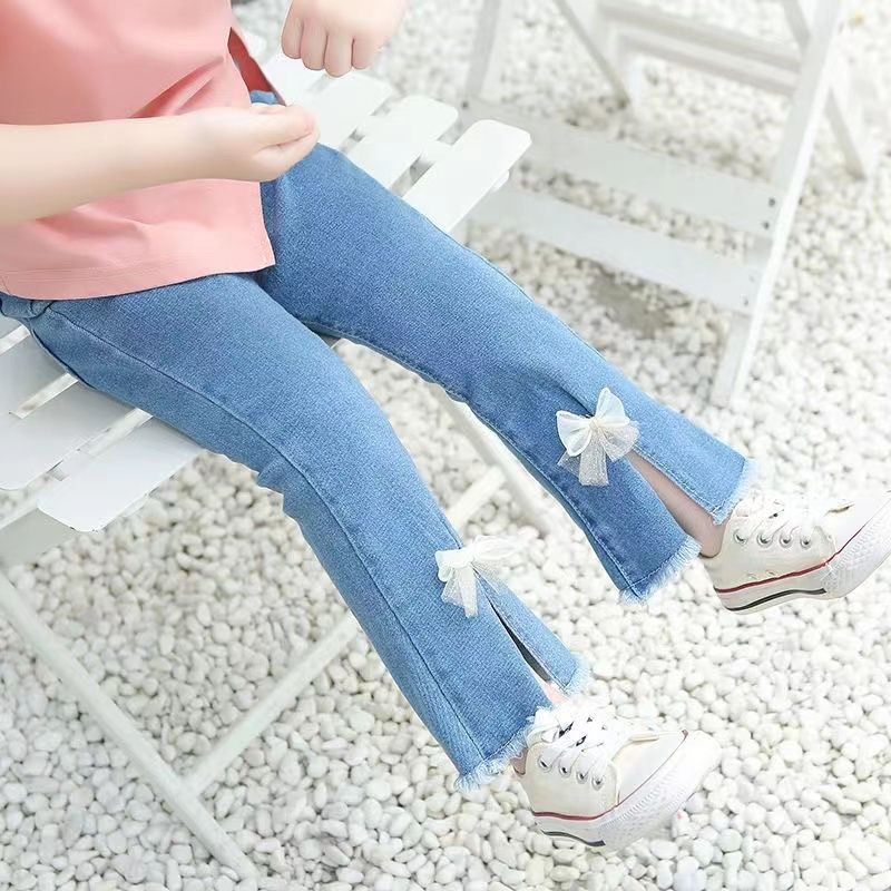  spring and autumn new children's slit jeans girl baby bowknot elastic flared pants girls Korean version pants