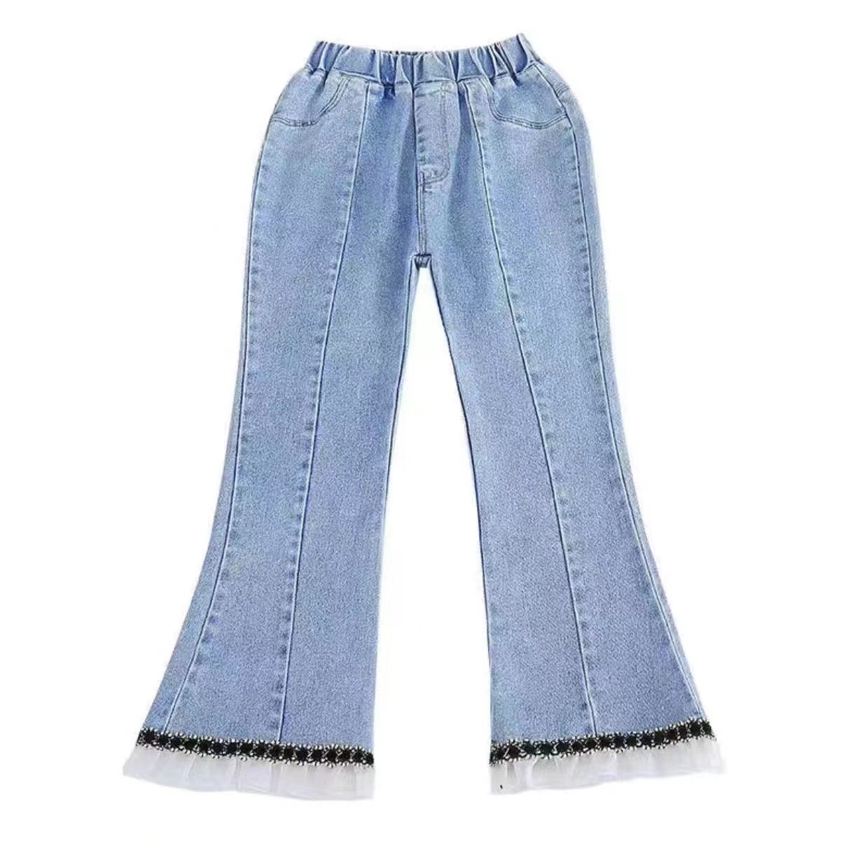 2023 Spring and Autumn New Girls' Western Style Fashionable Jeans Children's Slim Flared Pants Baby Elastic Outerwear Pants