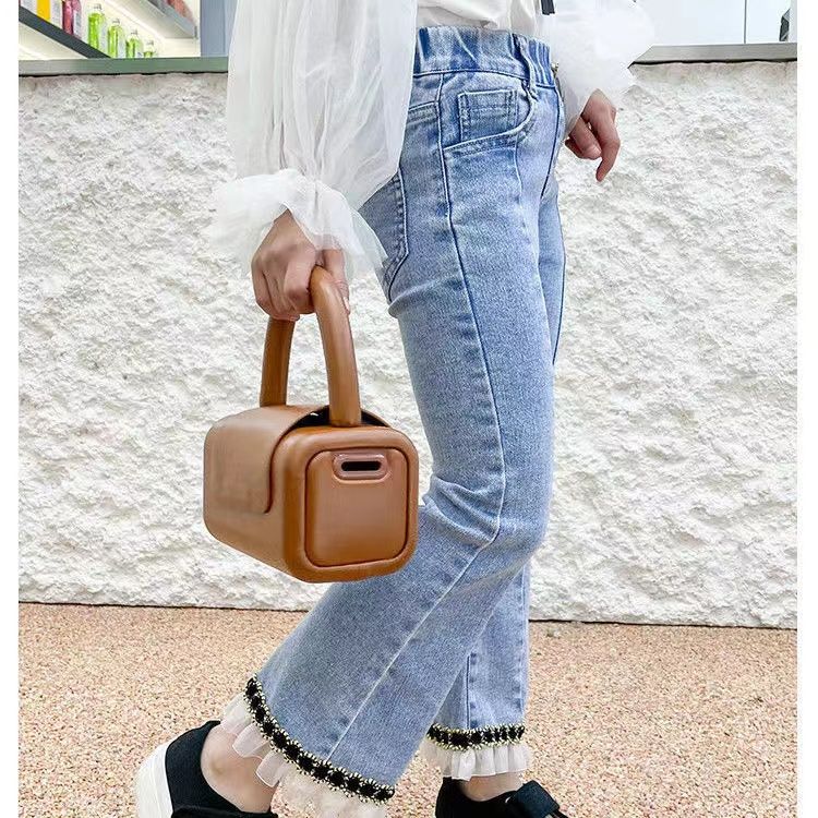 2023 Spring and Autumn New Girls' Western Style Fashionable Jeans Children's Slim Flared Pants Baby Elastic Outerwear Pants