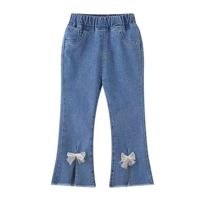 2023 spring and autumn new children's slit jeans girl baby bowknot elastic flared pants girls Korean version pants