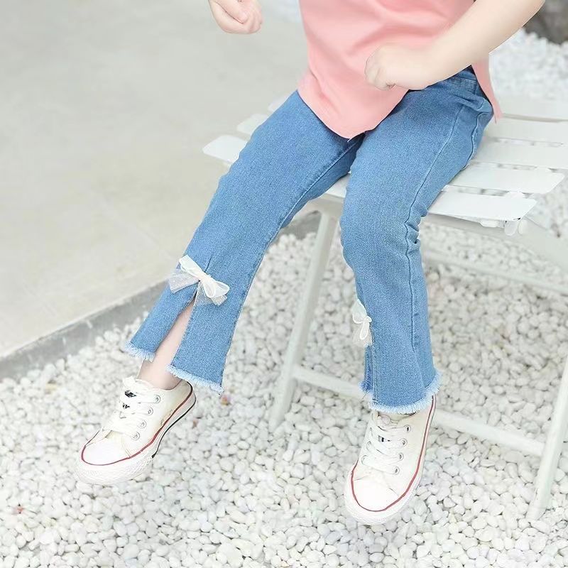  spring and autumn new children's slit jeans girl baby bowknot elastic flared pants girls Korean version pants