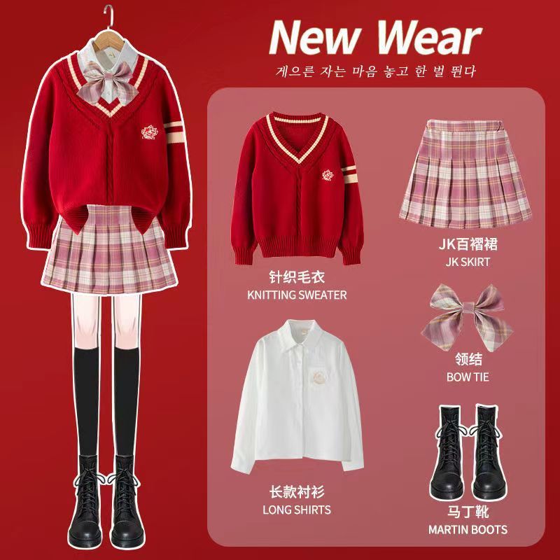 Girls dress suit autumn and winter foreign style children's jk uniform full set of Chinese New Year sweater big boy red New Year winter clothes