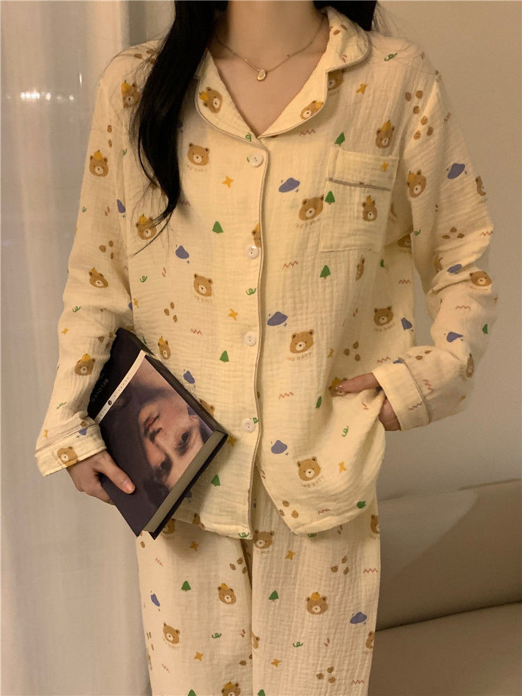 Pure cotton gauze ins spring and autumn pajamas female long-sleeved trousers cartoon cloud bear thin cardigan home service suit