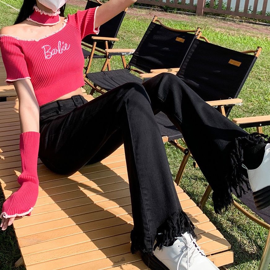 美式復古微喇牛仔褲女夏季韓系辣妹高腰修身毛邊流蘇喇叭馬蹄褲子