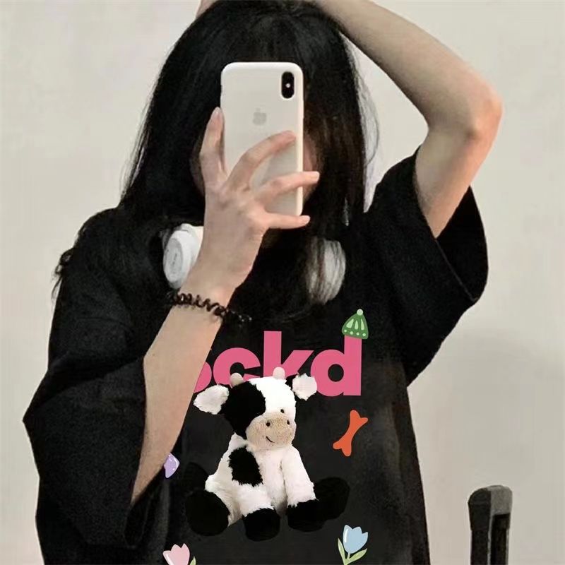100%純棉夏季新款ins潮小眾短袖黑色t恤女美式復古潮流寬鬆上衣潮