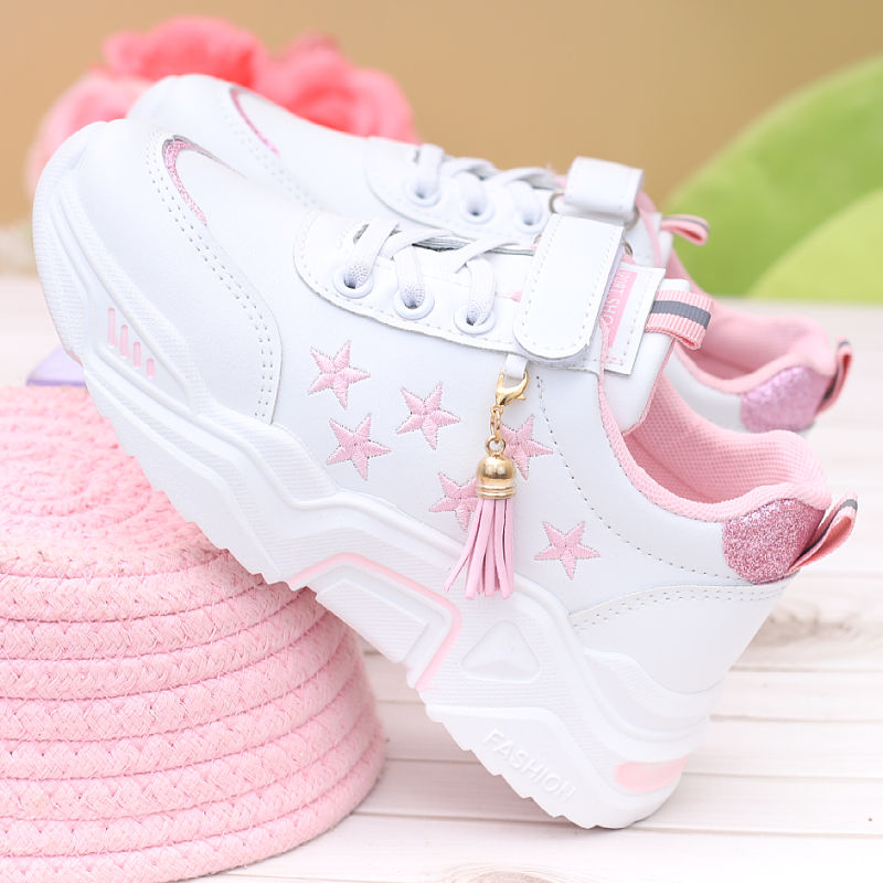中大童皮面运动鞋2023春秋季女孩子女童跑步鞋小学生儿童老爹鞋子