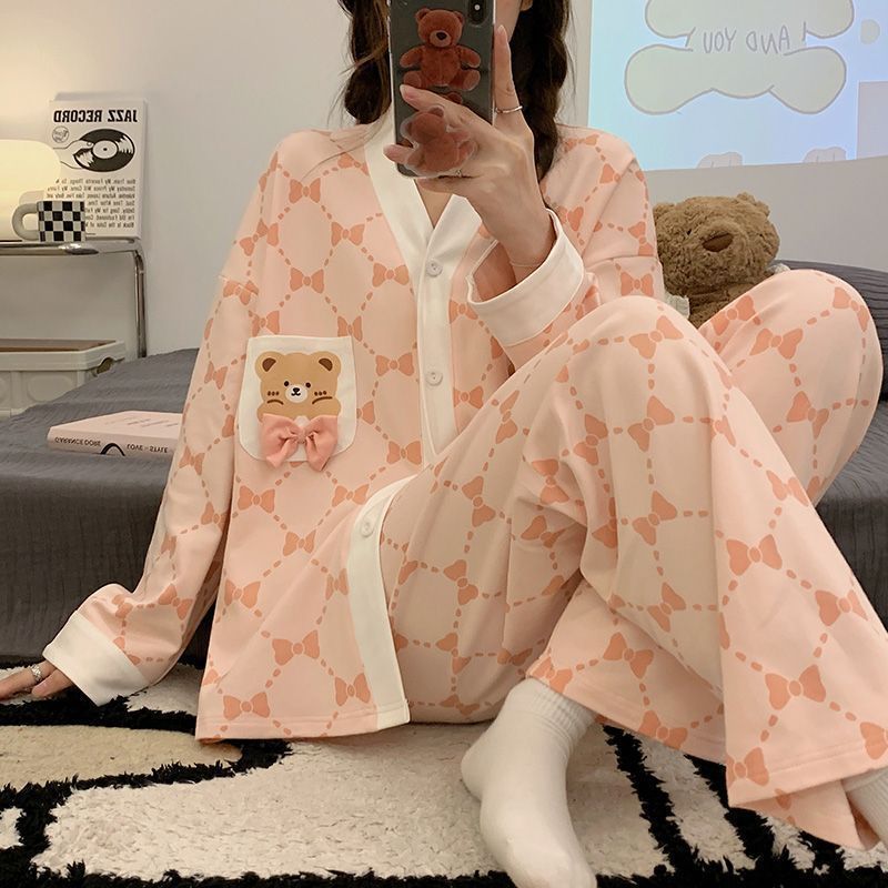 Ins net red style pajamas female cardigan long-sleeved spring and autumn models large size small cute home service suit