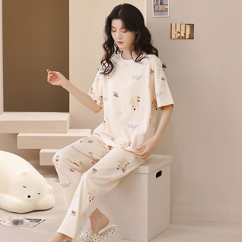 Songqianya pajamas women's spring and summer pure cotton trousers short-sleeved cartoon thin section home service round neck can be worn outside two-piece set