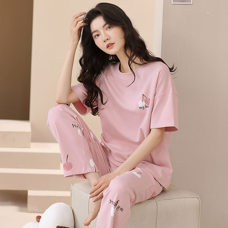 Songqianya pajamas women's spring and summer pure cotton trousers short-sleeved cartoon thin section home service round neck can be worn outside two-piece set