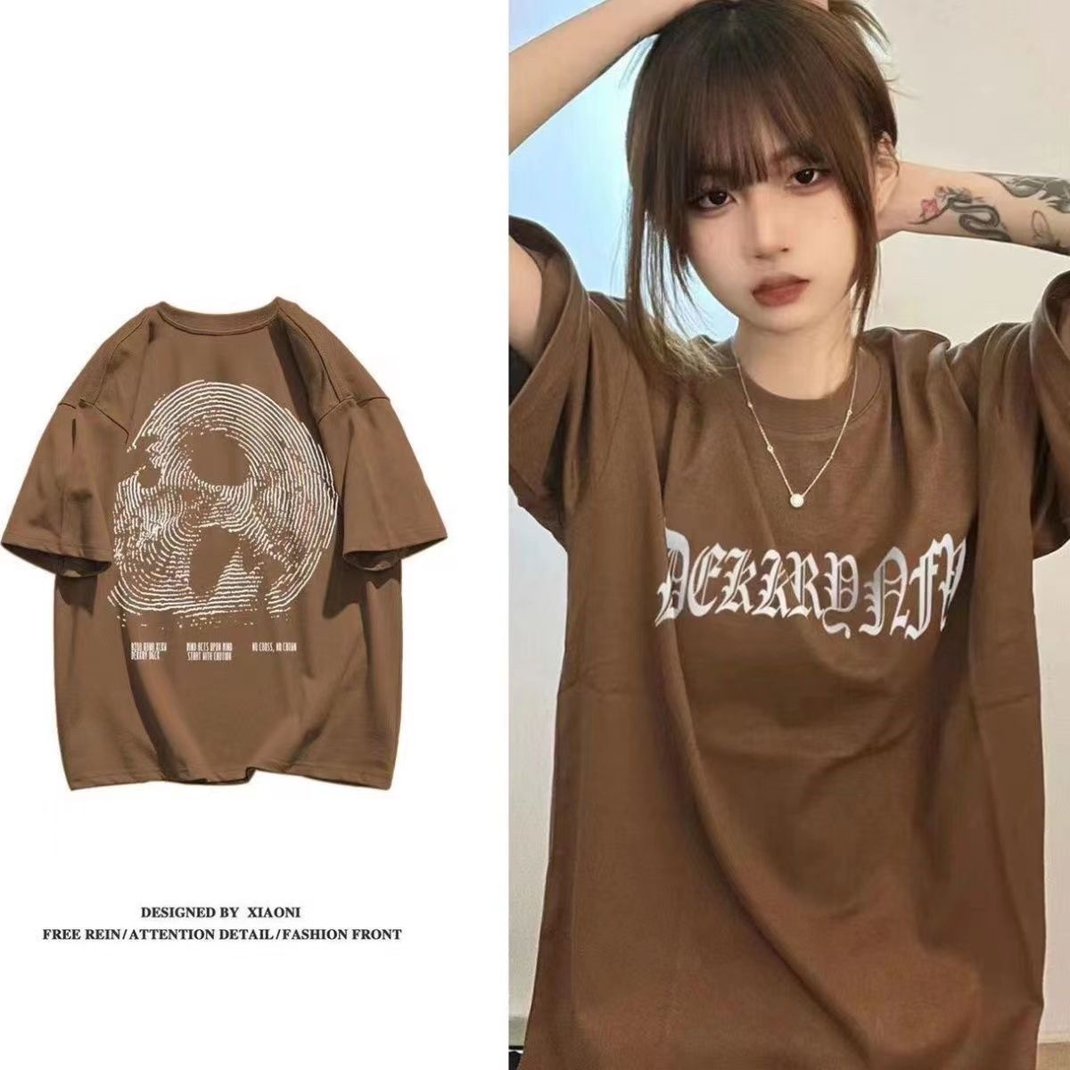 100%純棉2023夏新款丅恤短袖女ins美式潮牌字母印花情侶百搭上衣