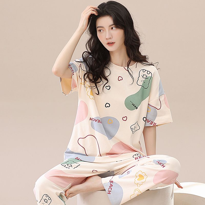 Songqianya pajamas women's spring and summer pure cotton trousers short-sleeved cartoon thin section home service round neck can be worn outside two-piece set