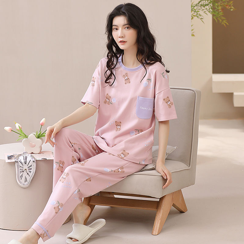 Songqianya spring and summer pajamas women's summer 100% cotton short-sleeved trousers round neck home service sweet net red suit