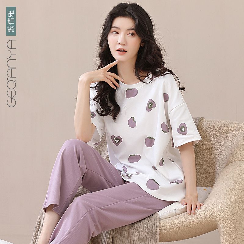 Songqianya spring and summer pajamas women's summer 100% cotton short-sleeved trousers round neck home service sweet net red suit