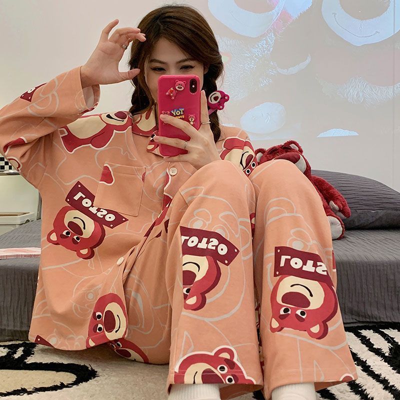 Ins net red style pajamas female cardigan long-sleeved spring and autumn models large size small cute home service suit