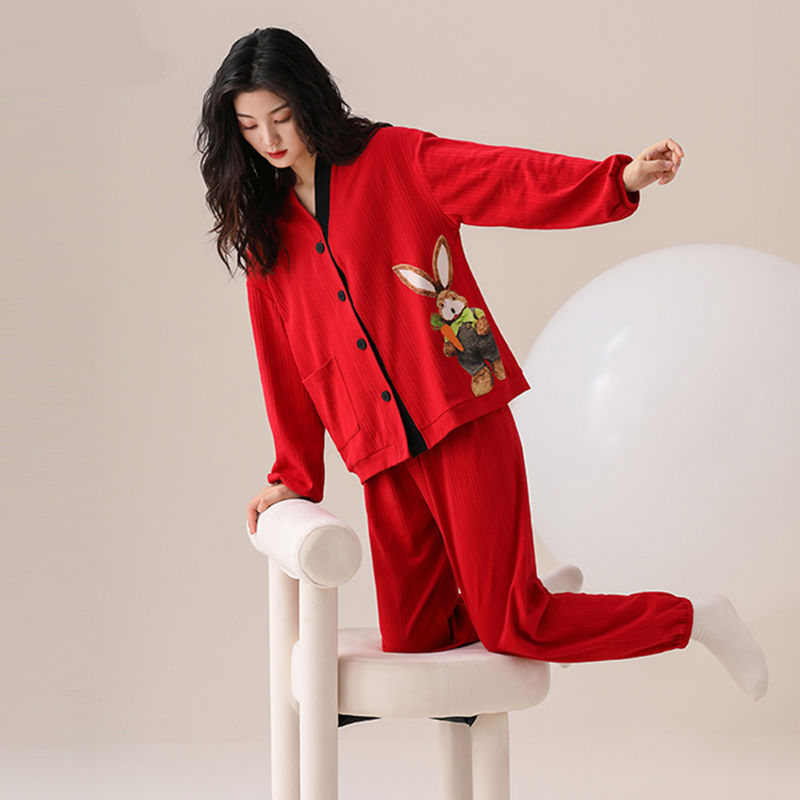 Red pajamas ladies spring and autumn pure cotton long-sleeved wedding newly married festive home service rabbit year of the rabbit natal year suit
