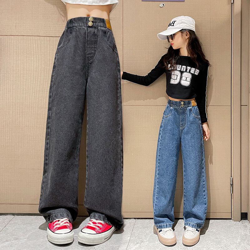 女童牛仔褲春秋款2023新款外穿女孩中大童闊腿褲春季兒童高腰褲子