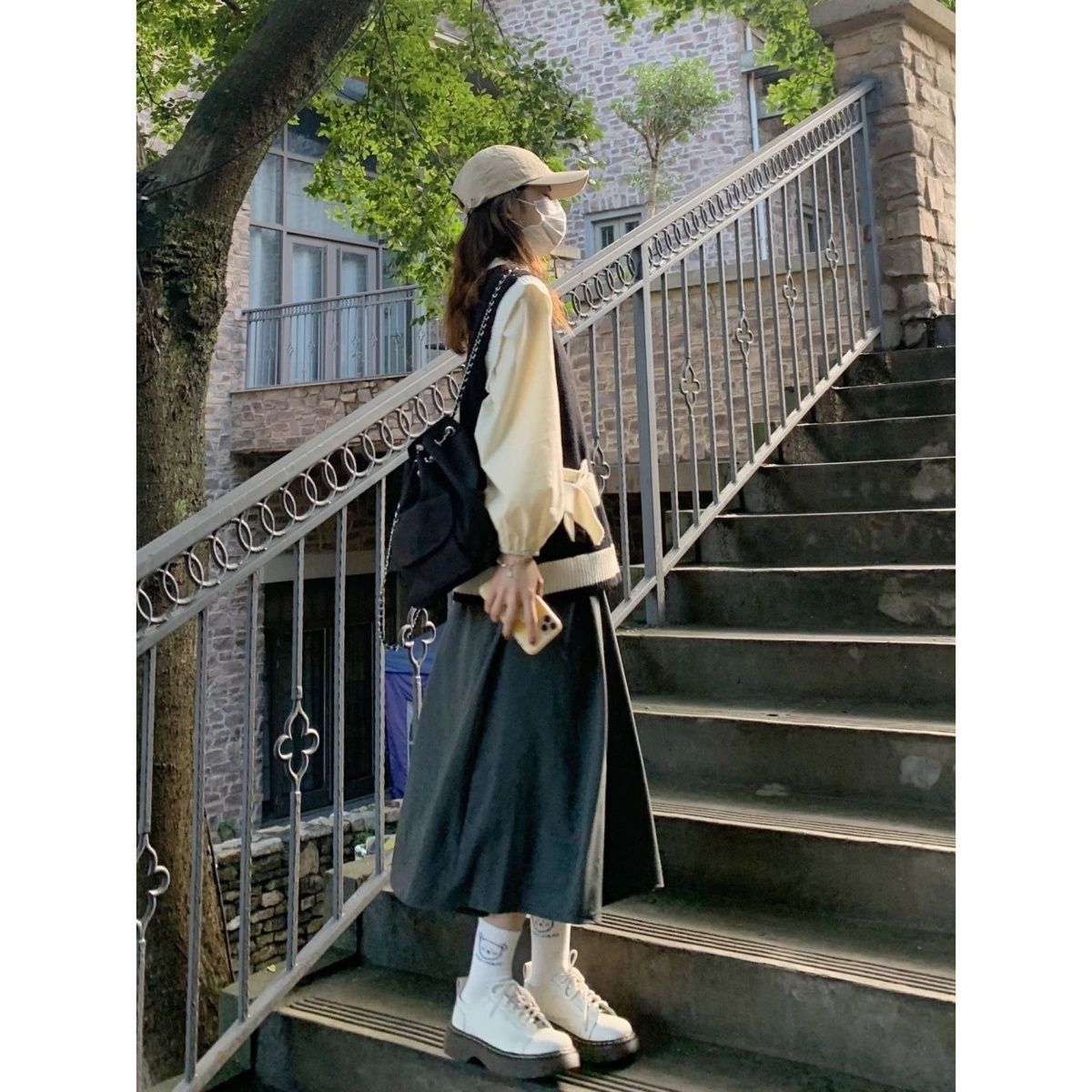春秋套裝女全套韓劇復古時尚洋氣襯衣+蝴蝶結針織馬甲單/兩件套裙