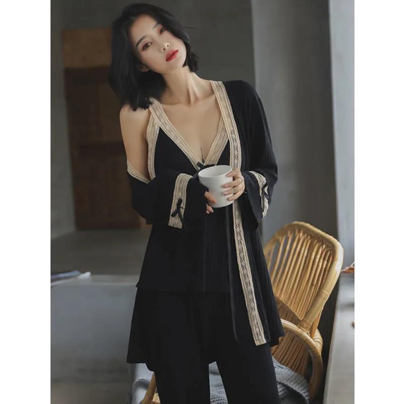 New modal three-piece pajamas female sexy suspenders spring and autumn long-sleeved nightgown with chest pad home service summer