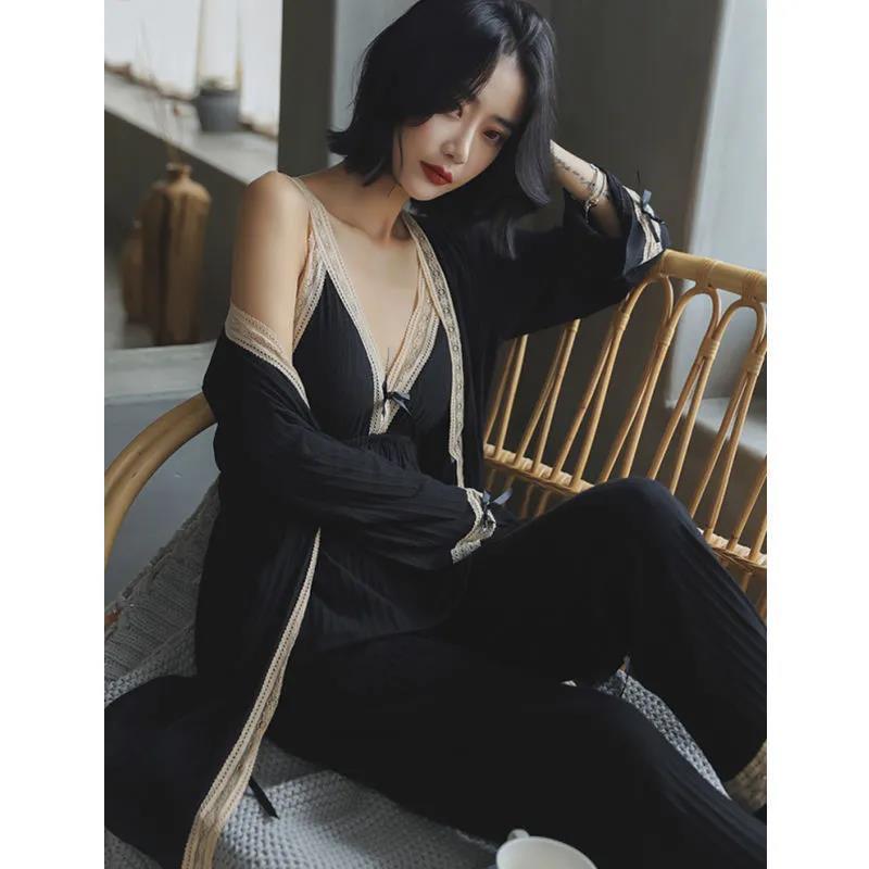 New modal three-piece pajamas female sexy suspenders spring and autumn long-sleeved nightgown with chest pad home service summer