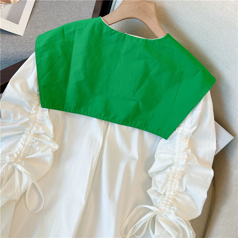 春季新款大尖领设计感小众宽松休闲白色拼接衬衫女长袖娃娃领上衣