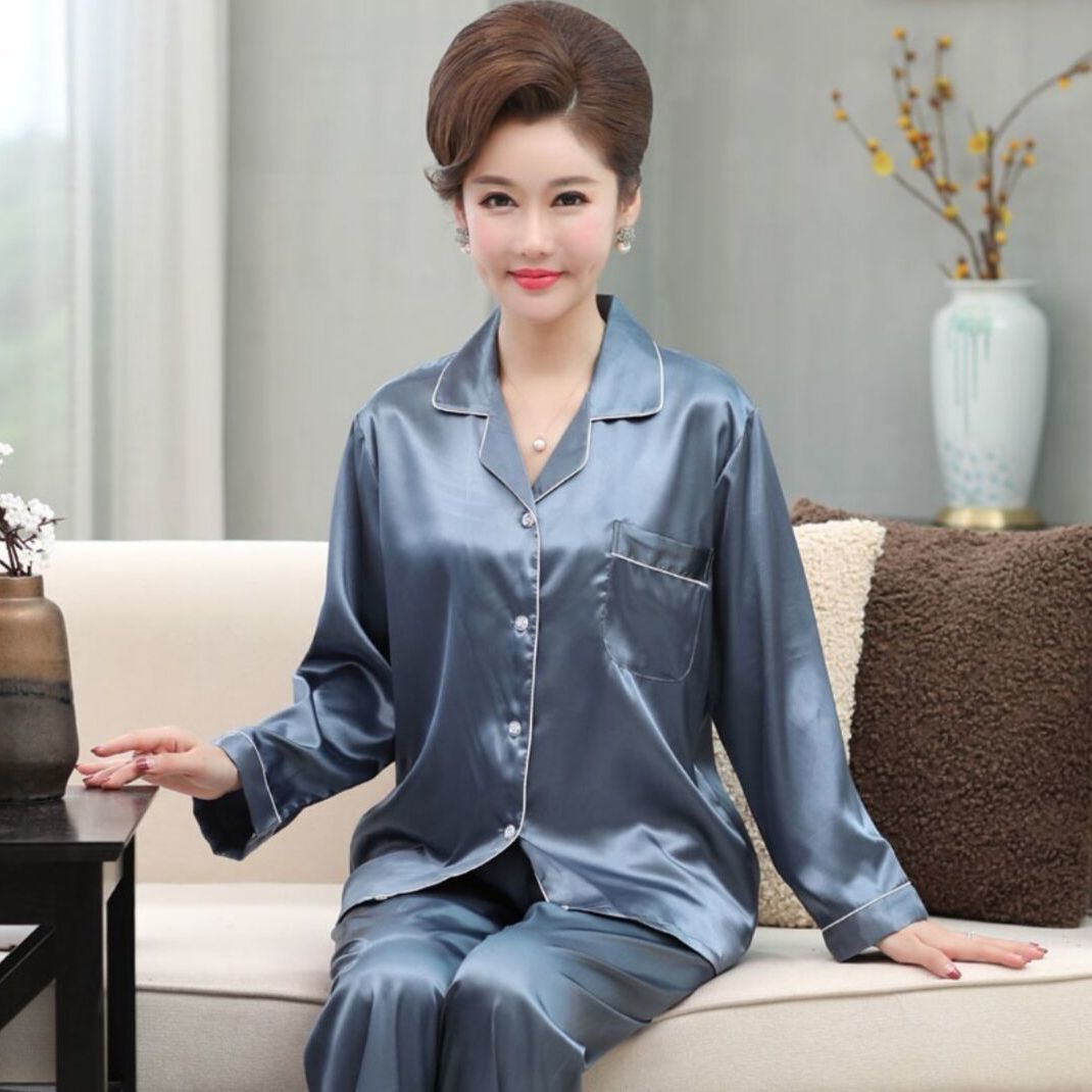 中老年冰絲媽媽睡衣夏天女春秋季真絲綢長款絲綢套裝媽媽家居服夏
